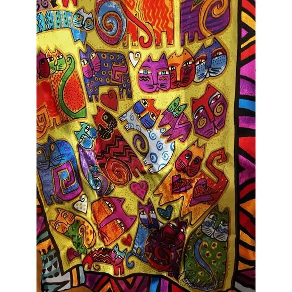 Laurel Burch Silk Rectangle Colorful Cats Felines Rolled Edge ARTSY CAT LADY - Picture 6 of 7